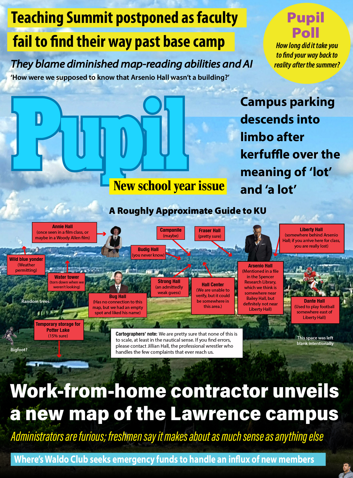 Parody cover of magazine that shows the KU Campus from a distance with red markers denoting humorous locations