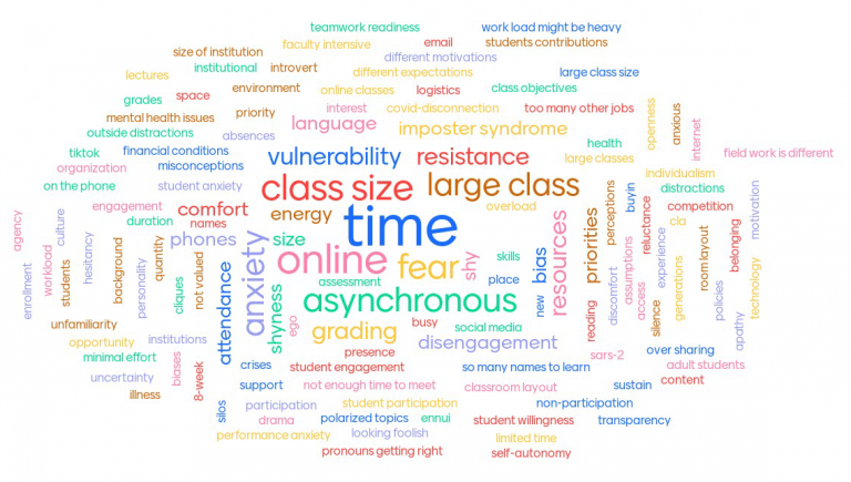 Word cloud with the largest responses being, "time", "online", "class size", "asynchronous", "fear", and "large class" as the largest words