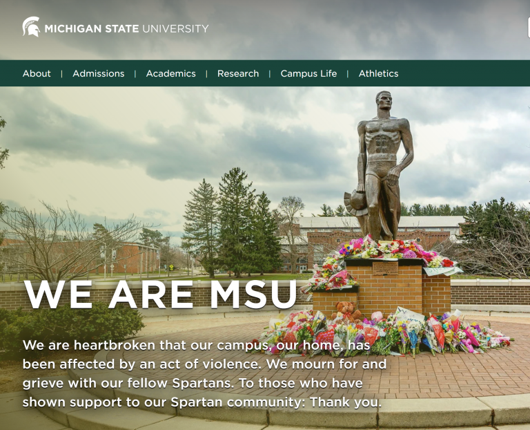 Screenshot of MSU website acknowledging the victims