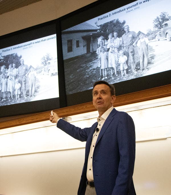 Peter Felten explains a family picture he shared at the 2023 Teaching Summit. He uses the picture, which shows his father as a young boy, in his classes as a way to connect with students through family history.
