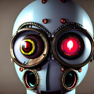 An AI rendering of a robot with menacingly large eyes