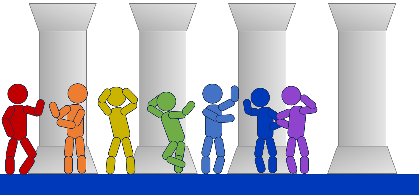 Four architectural pillars are present, representing the four pillars of alternative grading. Cartoon figures stand about them in conversation, representing faculty exchanging ideas.