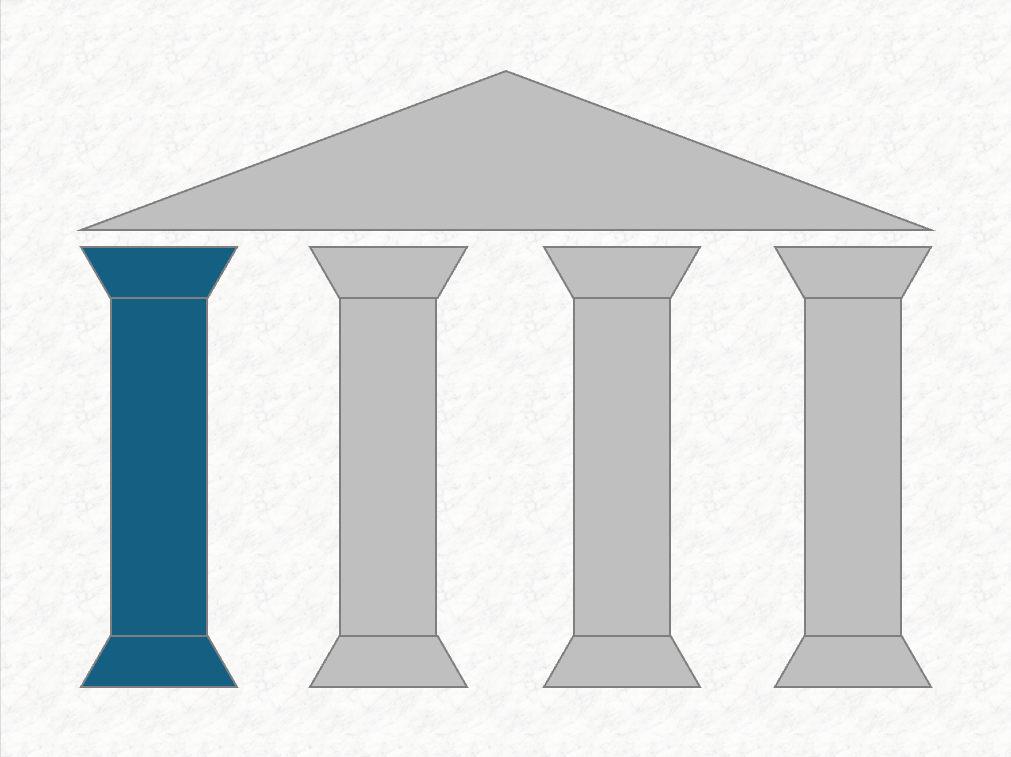 a gray parthenon-like structure with four pillars, the first of which is shaded blue