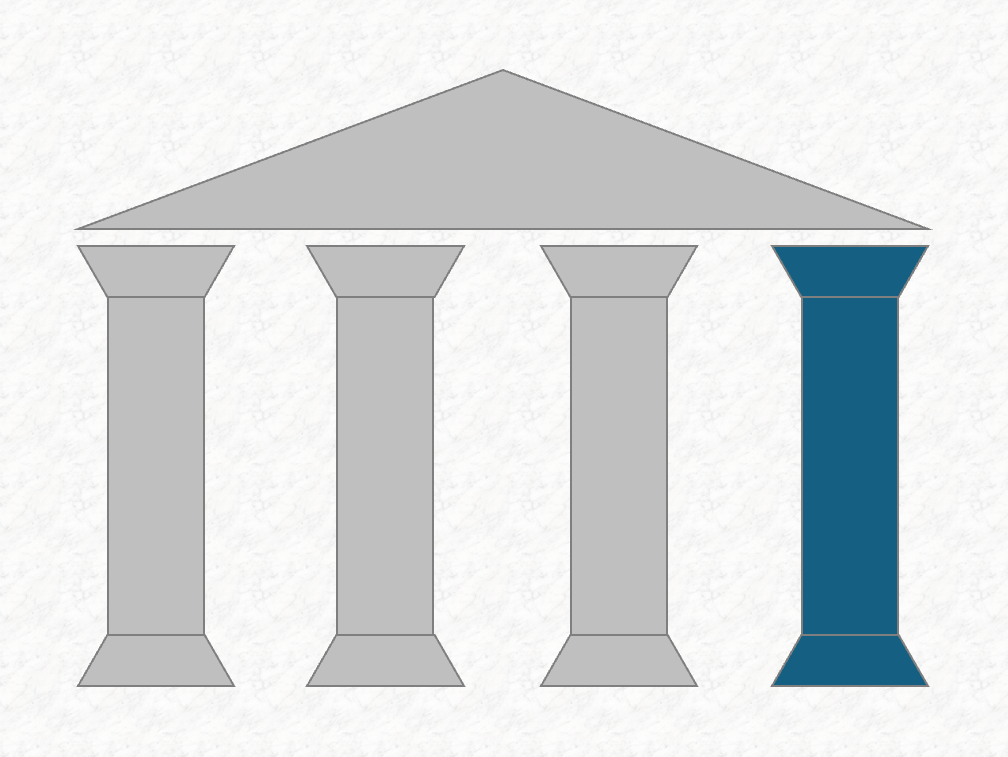 a gray parthenon-like structure with four pillars, the fourth of which is colored blue.