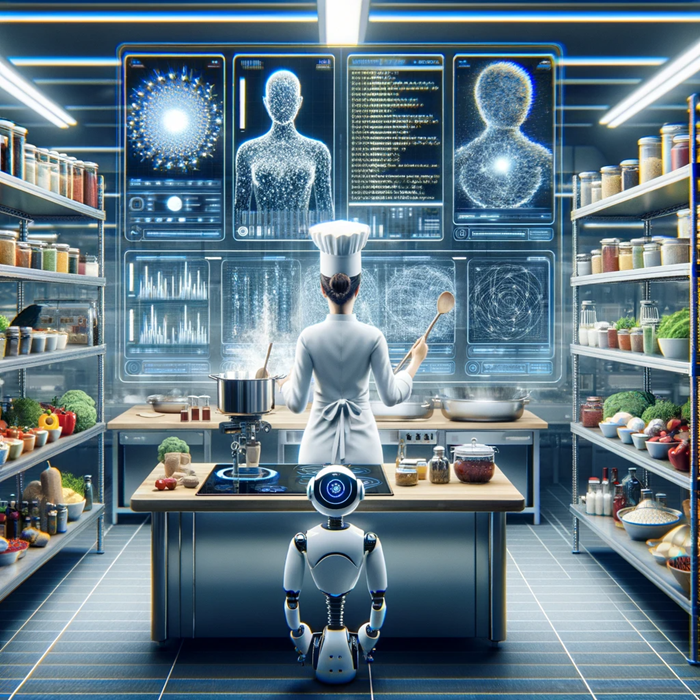 AI-generated image of a chef and a small robot in a futuristic kitchen