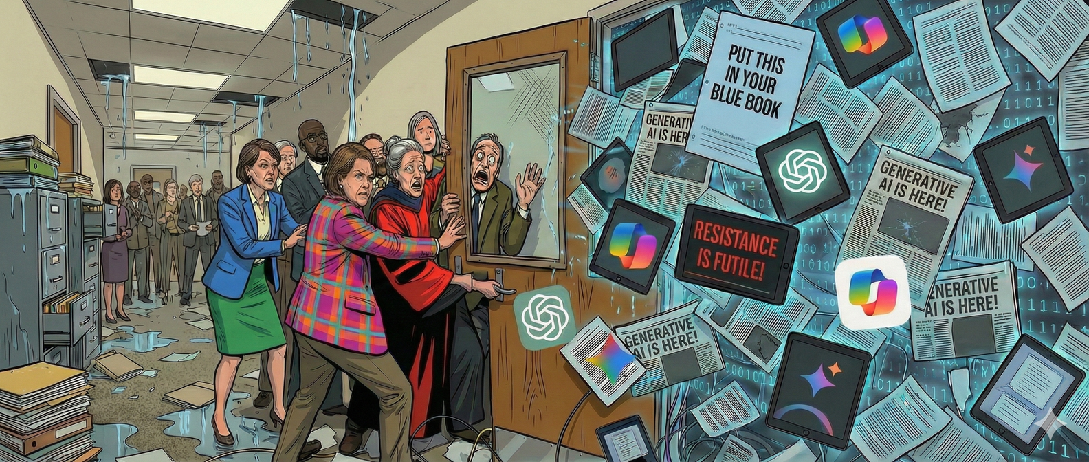 Cartoon of information crashing through a door