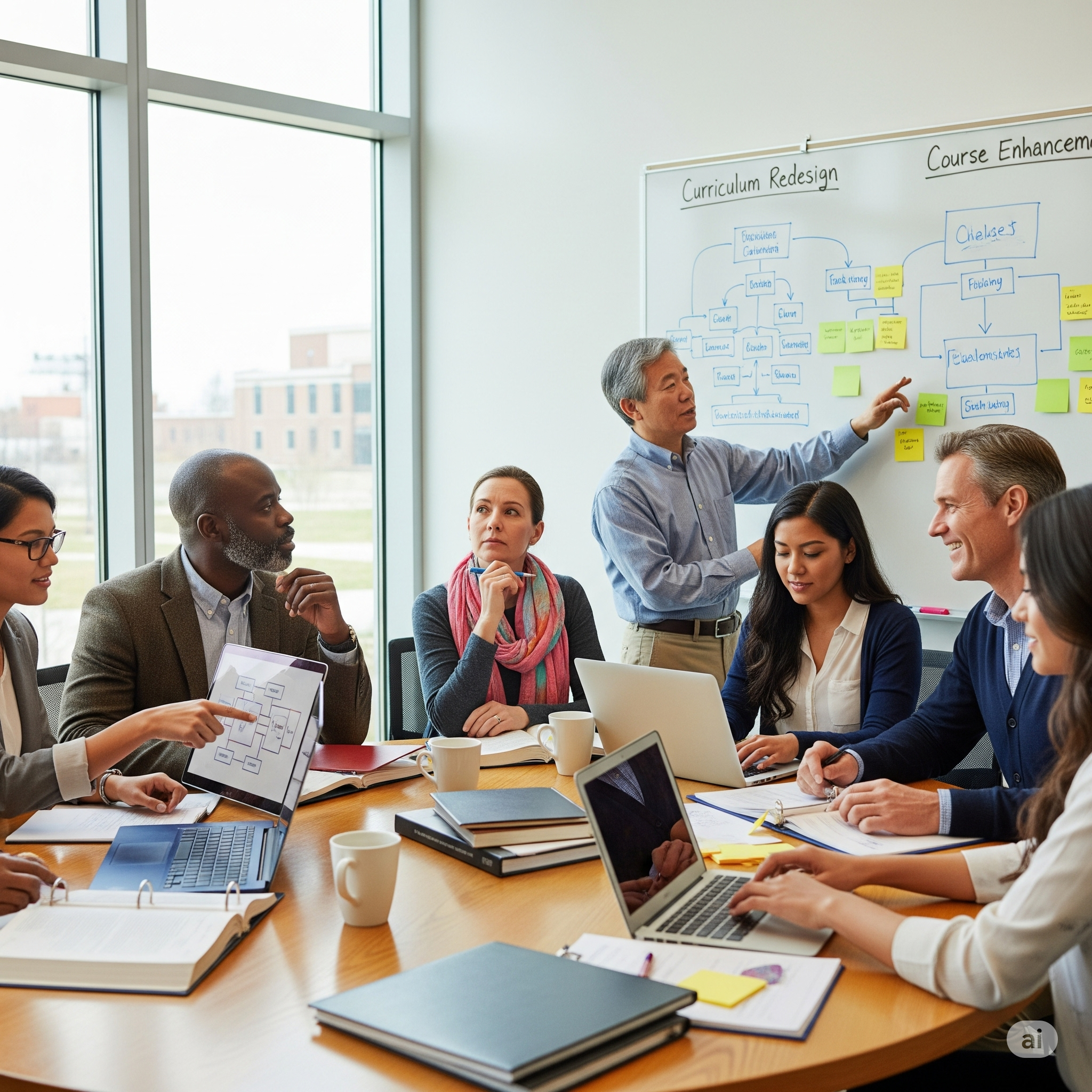 Faculty work at a table and whiteboard