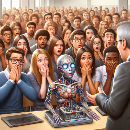 "Students gasp as professor stands at front of room and shows a lifelike robot"