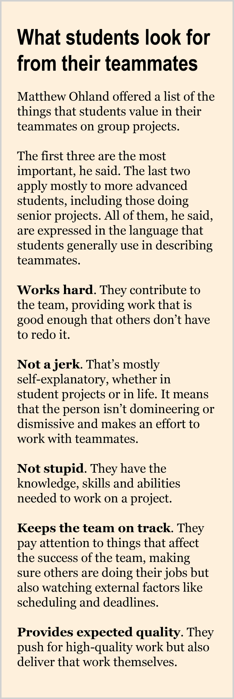 Graphic that says what students look for from their teammate' that includes 'works hard', 'not a jerk', and 'not stupid'