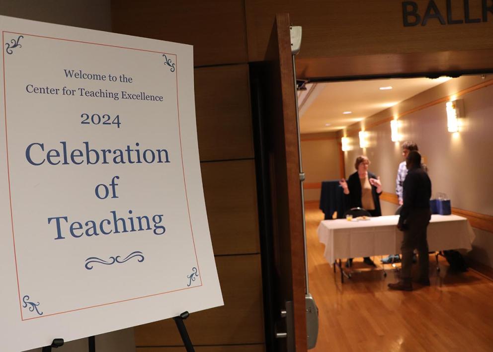 Celebration of Teaching poster at the entrance to the KU Union Ballroom.