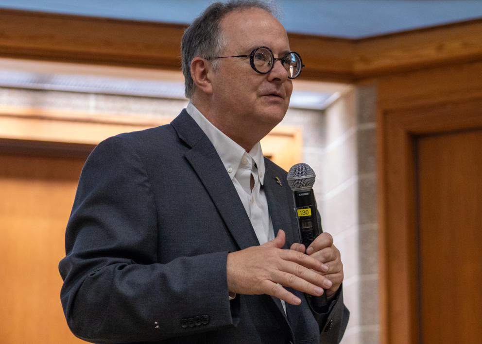 Chancellor of KU Medical Center Executive Vice Chancellor Matthias Salathe with microphone