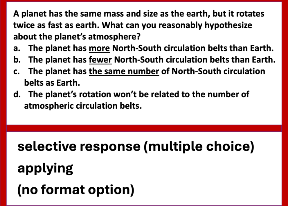 Example exam questions from the field of atmospheric science about air circulations. The question difficulty is moderate, involving selective response (multiple choice) and applying.