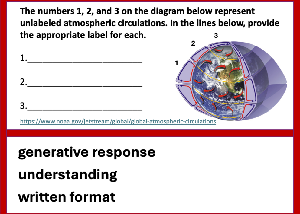 Example exam questions from the field of atmospheric science about air circulations. The question difficulty is moderate, involving generative response and understanding in a written format.