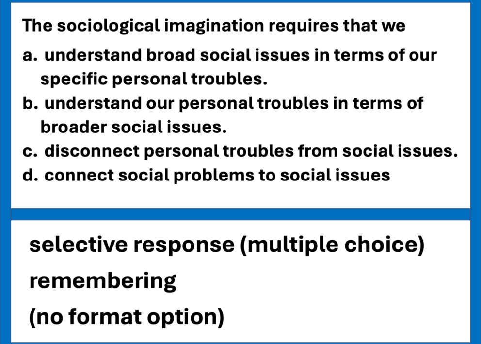 Example exam questions from the field of sociology about sociological imagination. The question difficulty is relatively low, involving selective response (multiple choice) and remembering.
