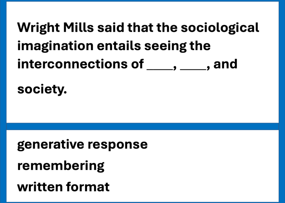 Example exam questions from the field of sociology about sociological imagination. The question difficulty is moderate, involving generative response at the remembering level in a written format.