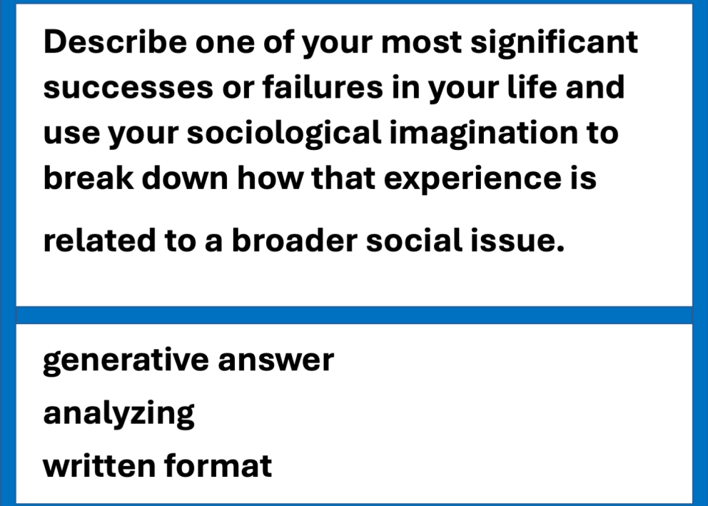 Example exam questions from the field of sociology about sociological imagination. The question difficulty is relatively high, involving generative response at the analyzing level in a written format.