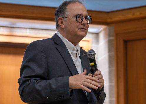 Chancellor of KU Medical Center Executive Vice Chancellor Matthias Salathe with microphone