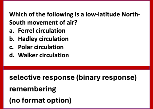 Example exam questions from the field of atmospheric science about air circulations. The question difficulty is relatively low, involving selective response (multiple choice) and remembering.