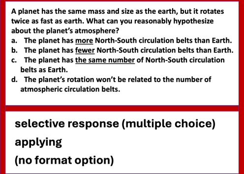Example exam questions from the field of atmospheric science about air circulations. The question difficulty is moderate, involving selective response (multiple choice) and applying.
