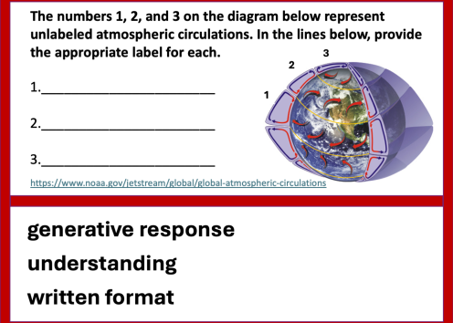 Example exam questions from the field of atmospheric science about air circulations. The question difficulty is moderate, involving generative response and understanding in a written format.