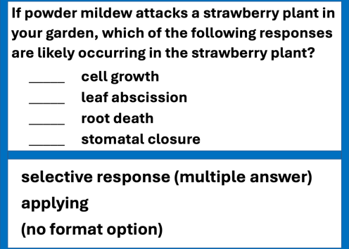 Example exam questions from the field of plant biology about air hormones. The question difficulty is moderate, involving selective response (multiple answer) and applying.