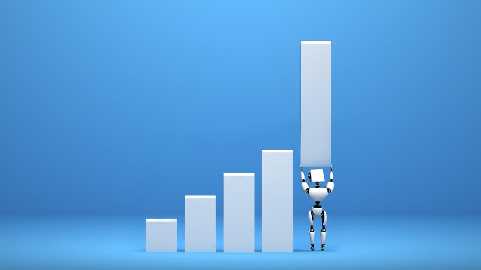 Robot holding up a productivity bar from a chart